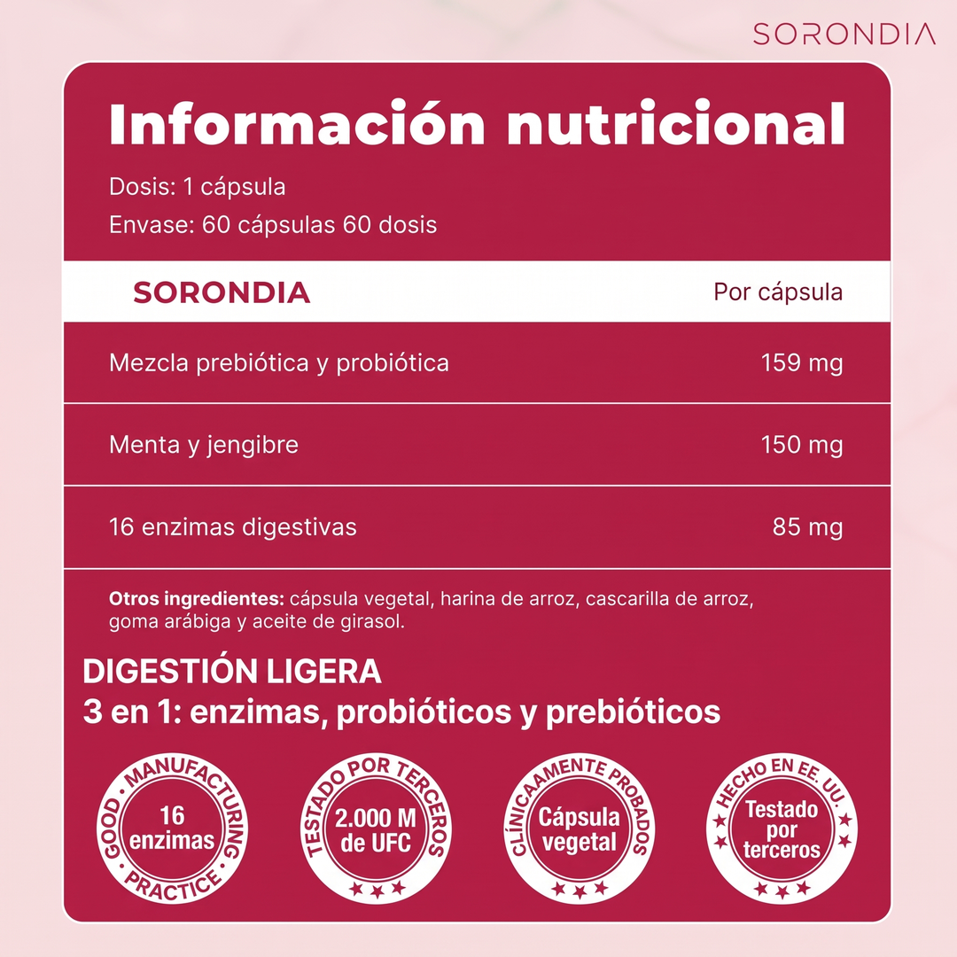 Enzimas Digestivas para Hinchazón y Gases Sorondia 60 cápsulas · G5