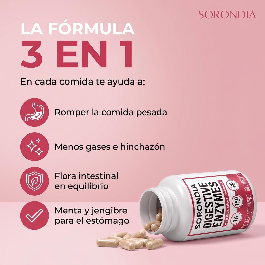 Enzimas Digestivas para Hinchazón y Gases Sorondia 60 cápsulas · G6
