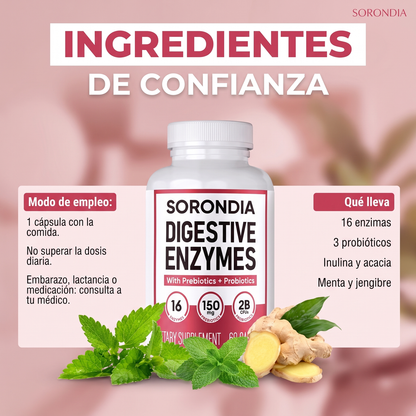 Enzimas Digestivas para Hinchazón y Gases Sorondia 60 cápsulas · G7