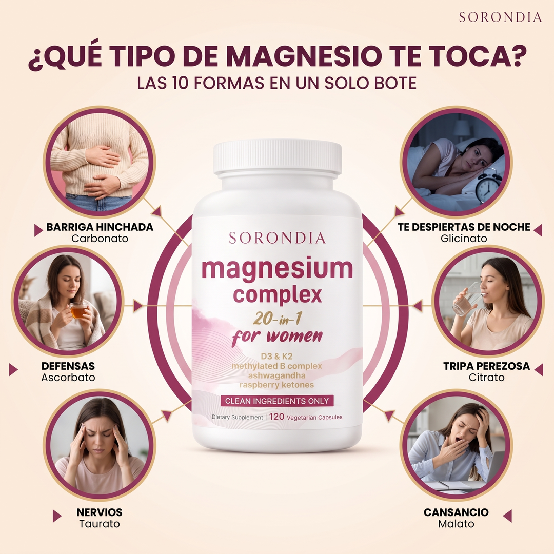 Magnesio Mujer 20 en 1 Sorondia 10 tipos de magnesio 120 cápsulas