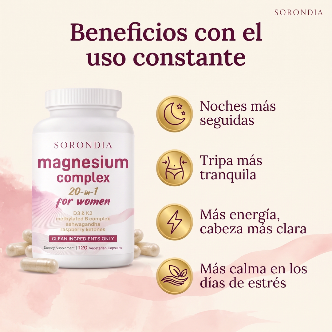 Magnesio Mujer 20 en 1 Sorondia 10 tipos de magnesio 120 cápsulas