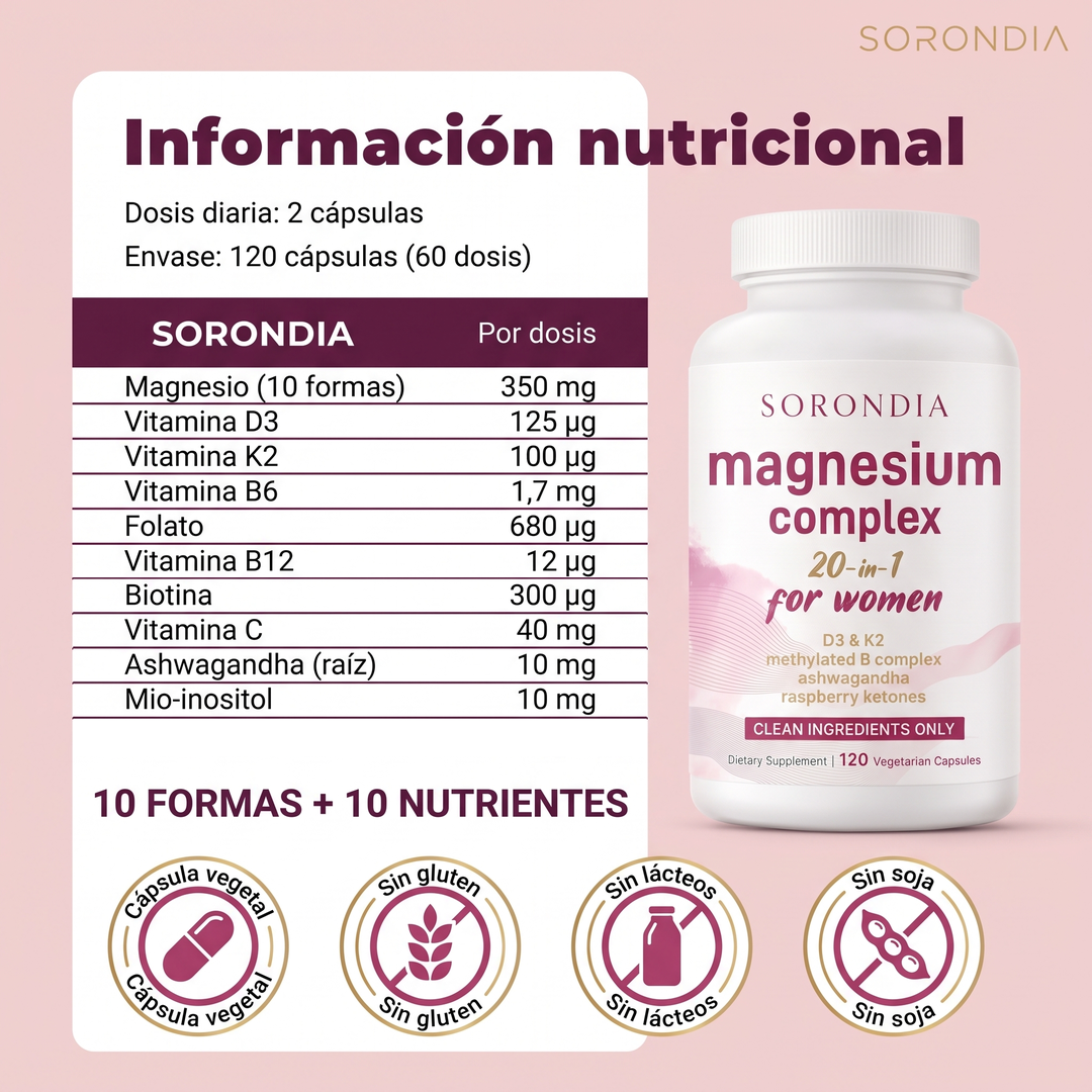 Magnesio Mujer 20 en 1 Sorondia 10 tipos de magnesio 120 cápsulas