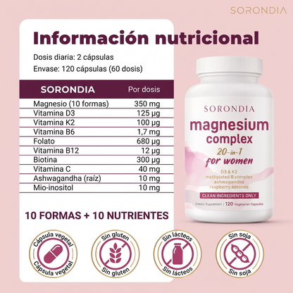Magnesio Mujer 20 en 1 Sorondia 10 tipos de magnesio 120 cápsulas
