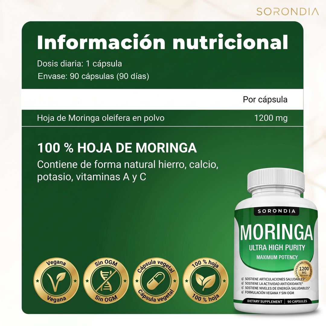Moringa Pura 1200 mg Sorondia hoja de moringa 90 cápsulas