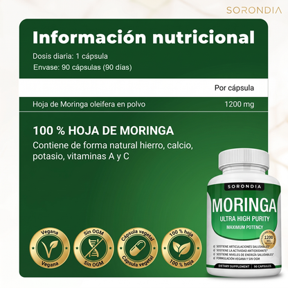 Moringa Pura 1200 mg Sorondia hoja de moringa 90 cápsulas
